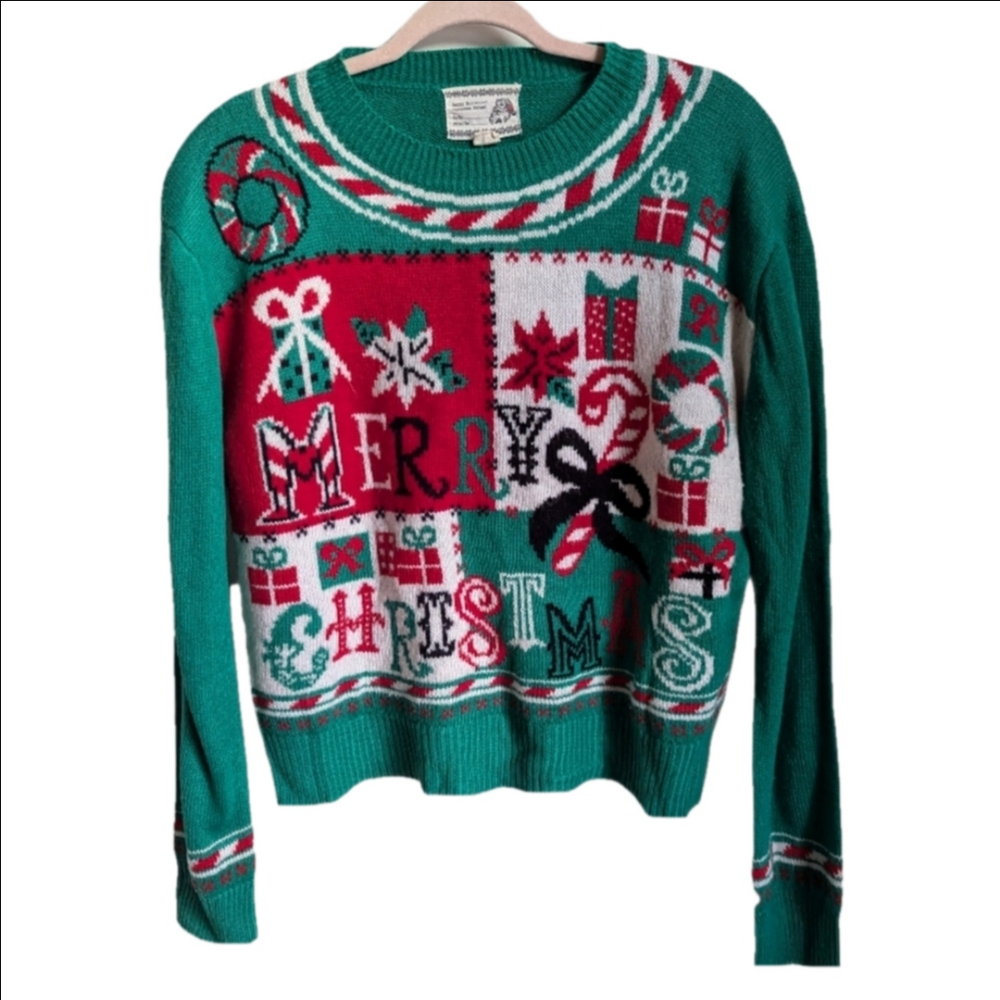 HAPPY HOLIDAYS Green Merry Christmas Ugly Christmas Knit Sweater Size Large